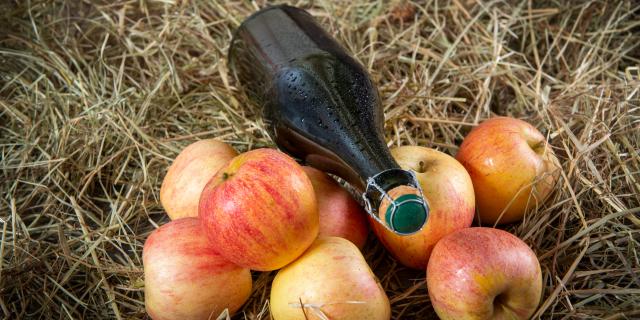 Bottle of cider with organic apples on the straw