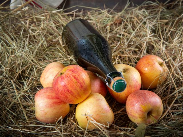 Bottle of cider with organic apples on the straw