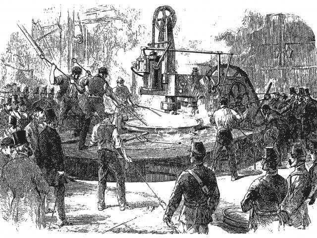 Vintage engraving style vector illustration of an industrial scene, laborers and soldiers around iron casting machinery