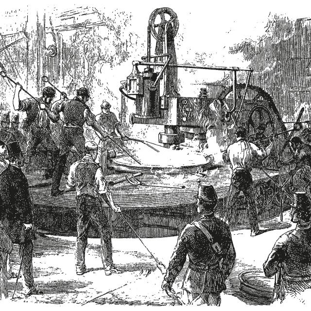 Vintage engraving style vector illustration of an industrial scene, laborers and soldiers around iron casting machinery